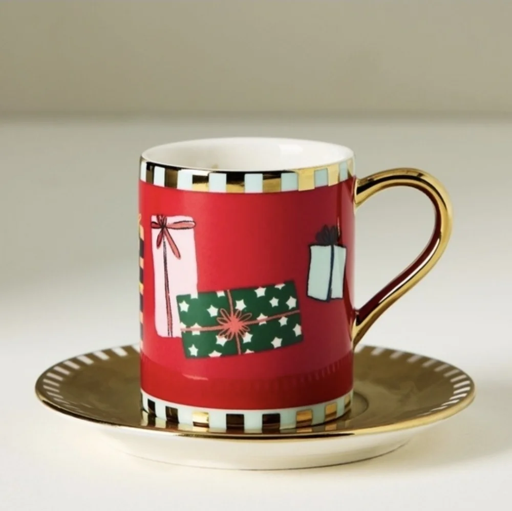 Anthropologie Caroline Stoneware Holiday Espresso Cup & Saucer, NIB